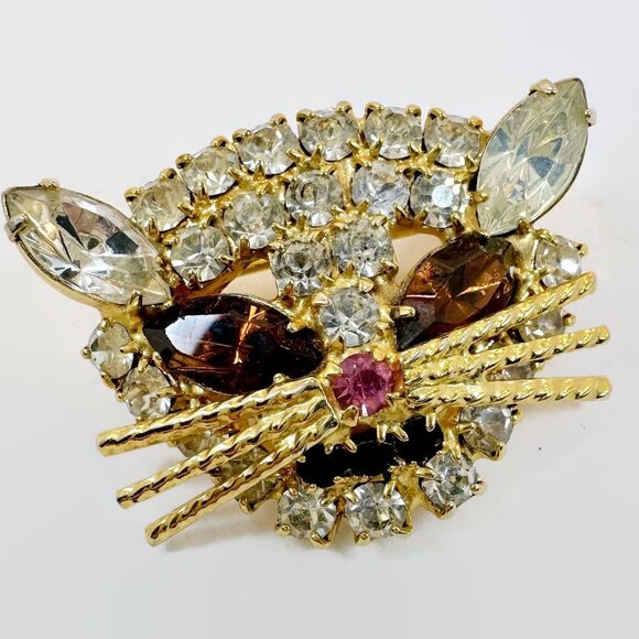 Vintage Cat Brooch Rhinestones: Gold Tone Sparking Clear Pink Prong Set Soldered - Picture 1 of 1